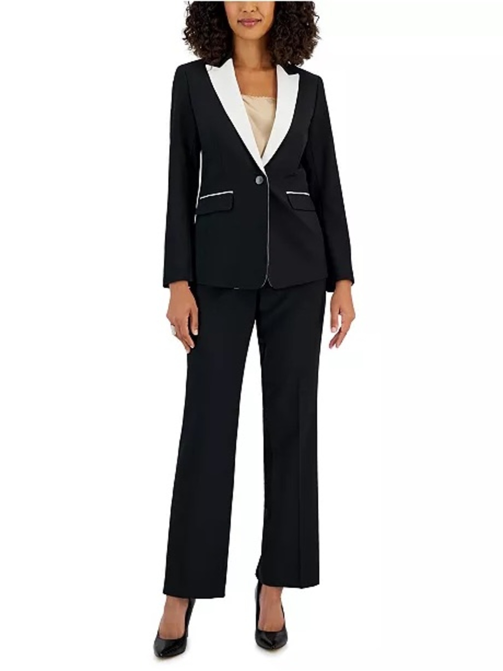 Le Suit Black Pantsuit with White Trim